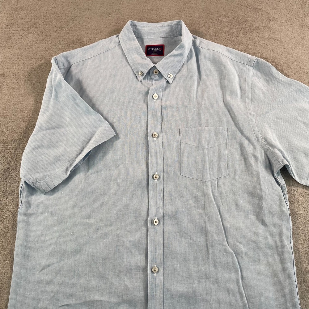 UNTUCKit Slim Fit Shirt Men Large Blue 100% Linen Short Sleeve Preppy Vacation